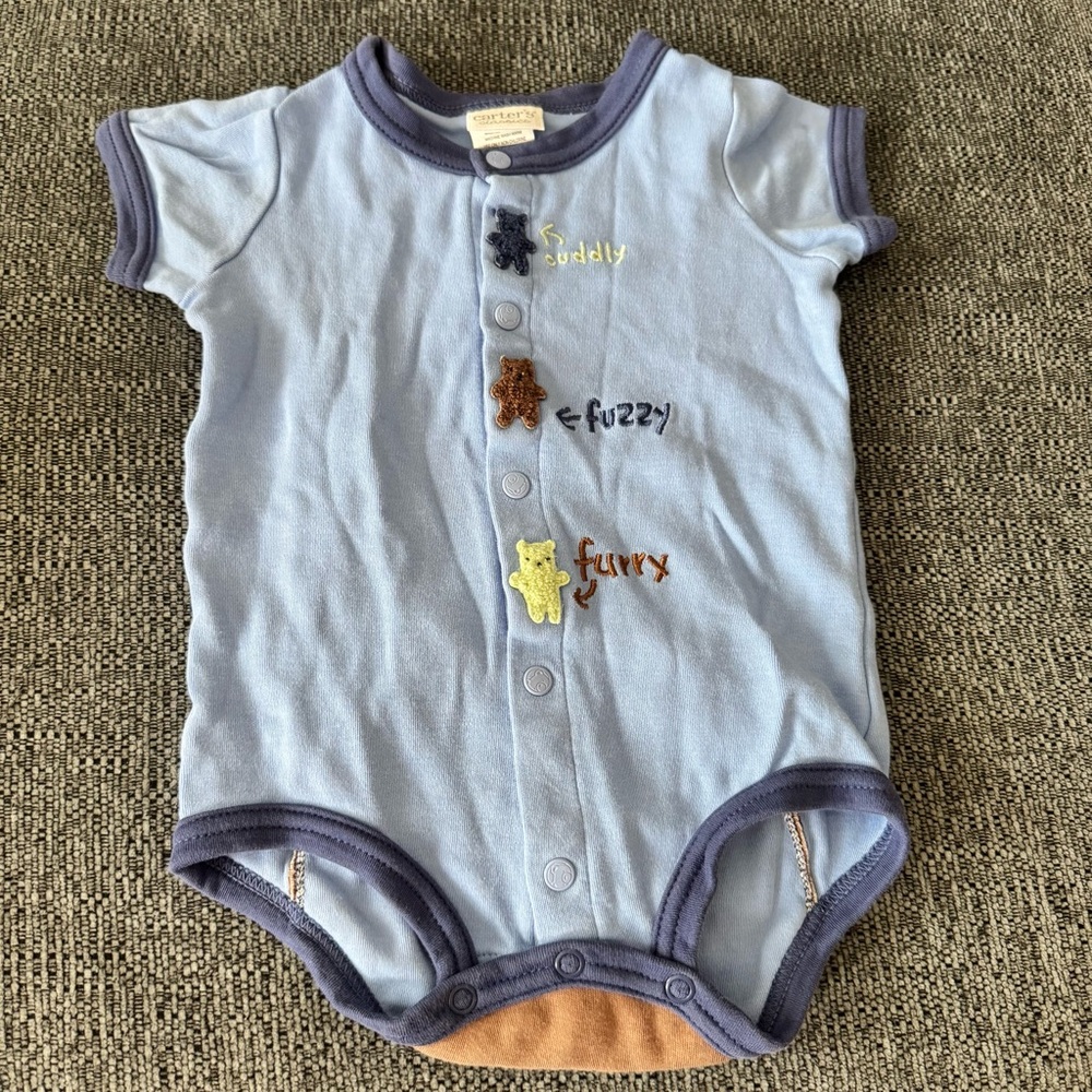 Vintage Carters Classics Blue Baby Onesie with Bear Embroidery